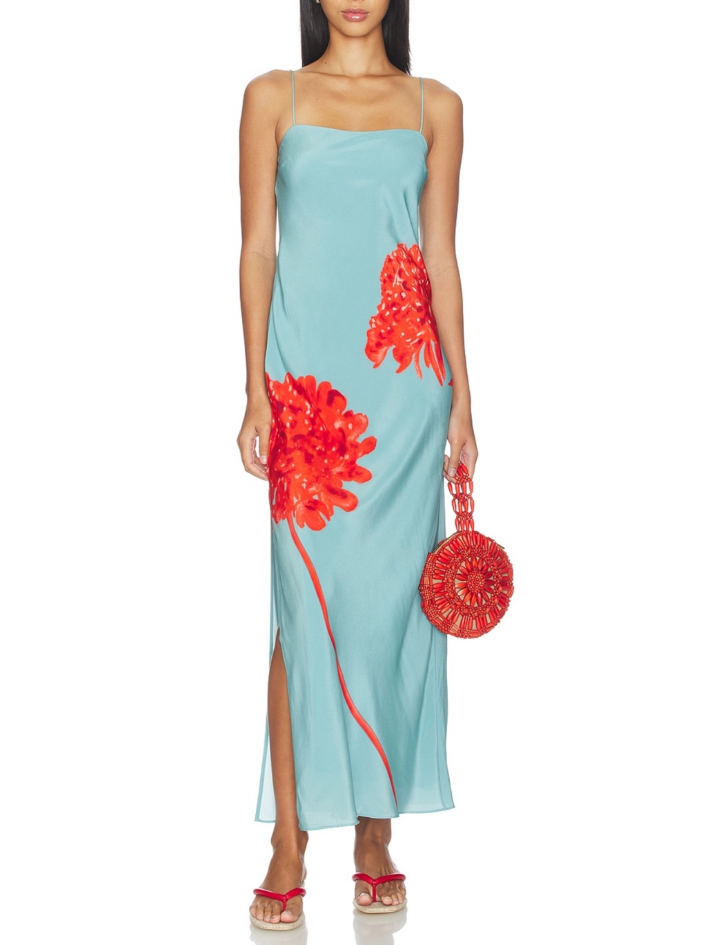 Blue Slip Dress With Red Floral Print